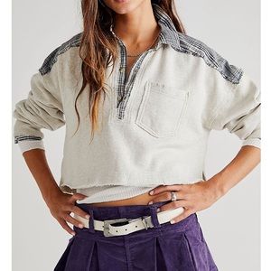 NWT! Free People Prep School Sweatshirt Grey Plaid Cropped Button Up Top Large